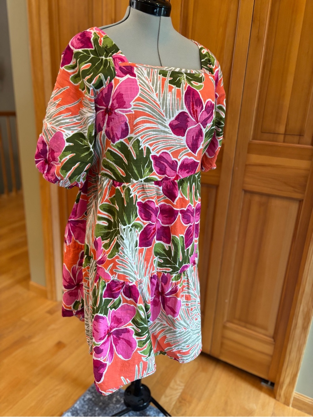 Mlle Gabrielle Tropical Floral Puff Sleeve Tiered Mini Dress XL